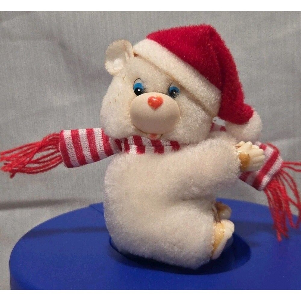 Vintage Holiday White Plush Bear Pencil Hugger Christmas Ornament Retro
